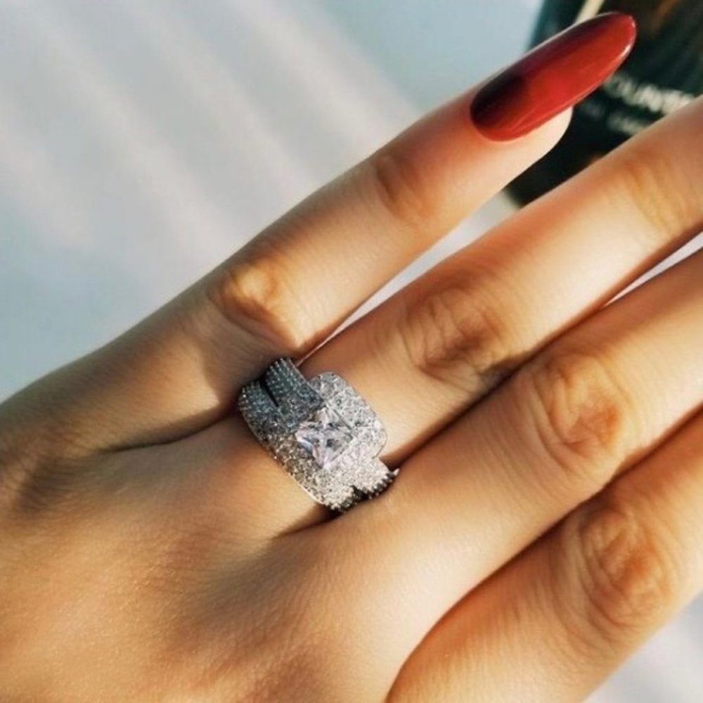 *NEW 925 Sterling Silver Princess Halo Ring Set - Picture 7 of 10